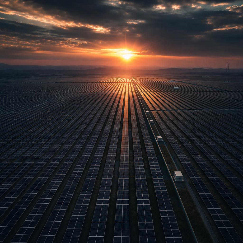 Industrial solar farm at dawn